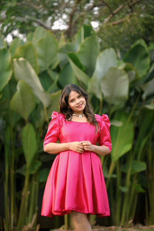 rose pink satin puff sleeve fit-flare