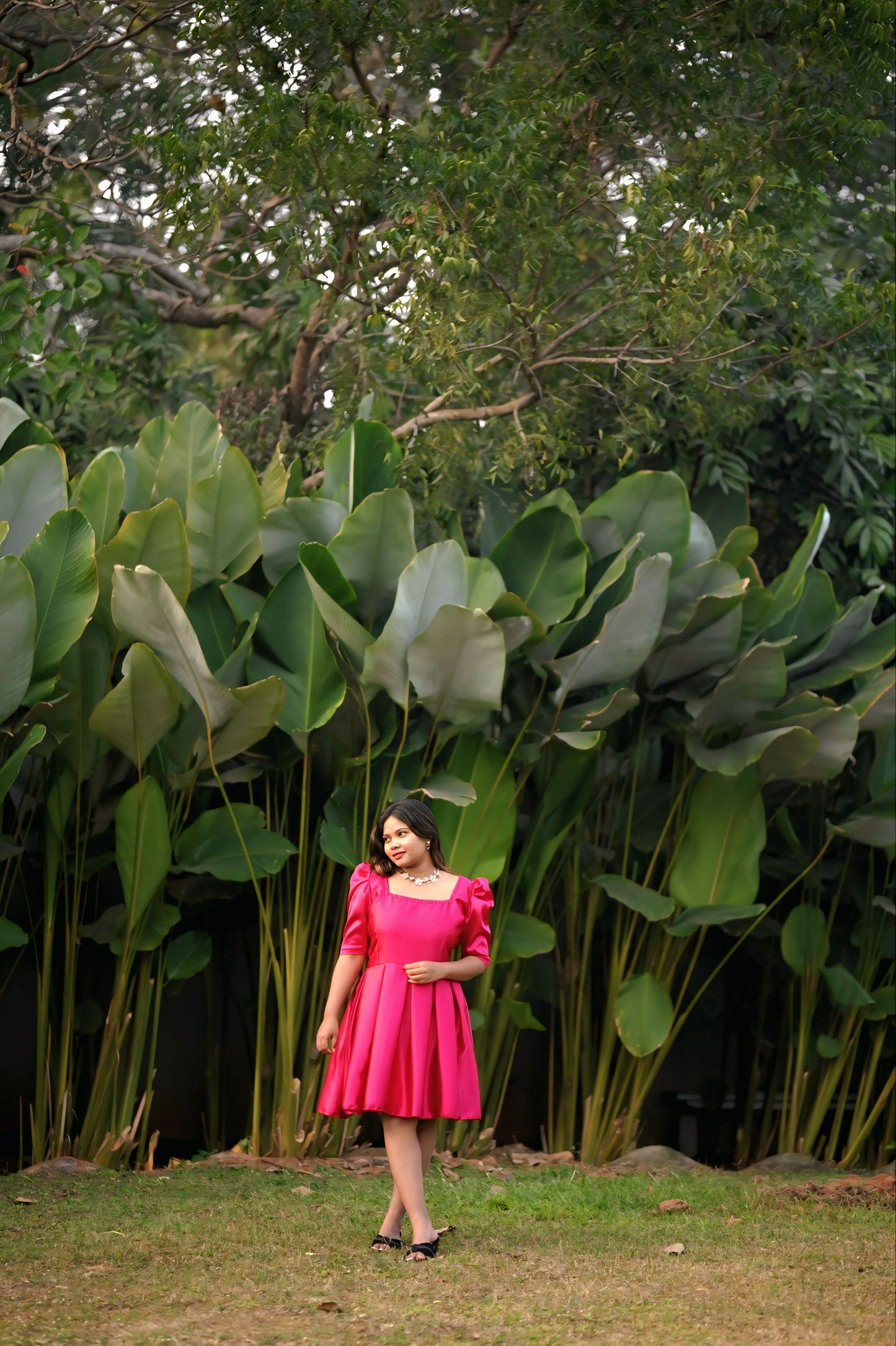 rose pink satin puff sleeve fit-flare