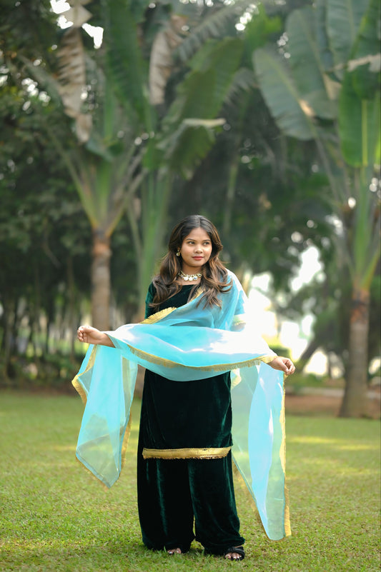Deep Green Velvet Kurta Set with Aqua Blue Dupatta