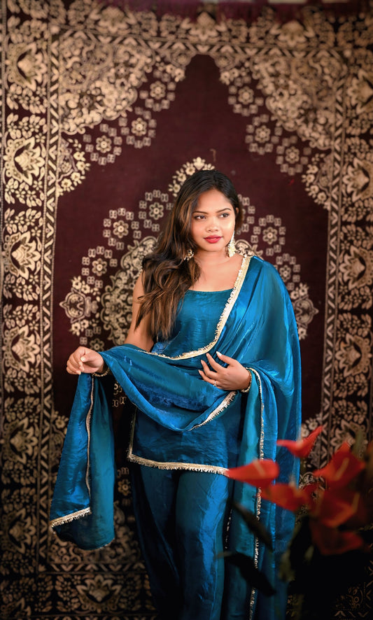 Teal Blue Fendi Silk Kurti Set with Dupatta