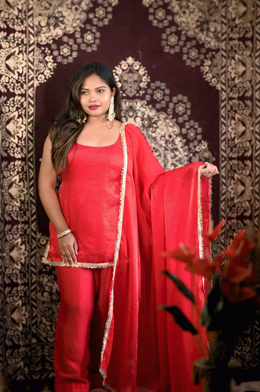 Red Satin Kurti Set with Dupatta