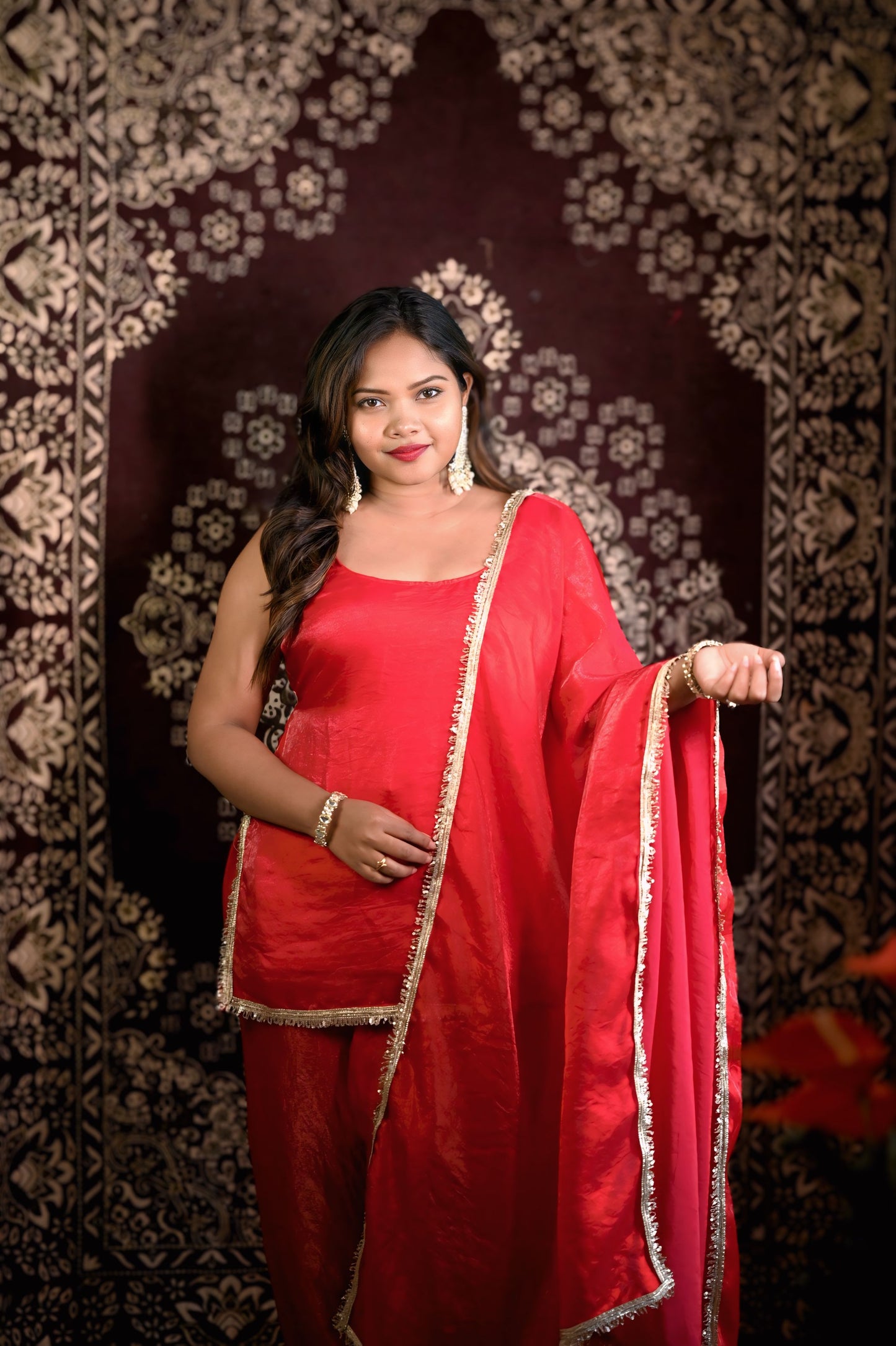 Red Satin Kurti Set with Dupatta