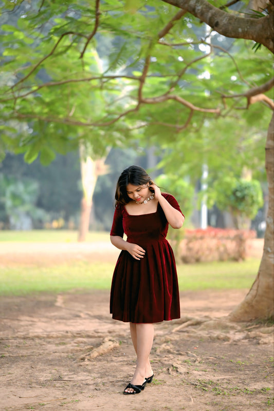 Wine Velvet Square Neck Fit & Flare Dress for Women