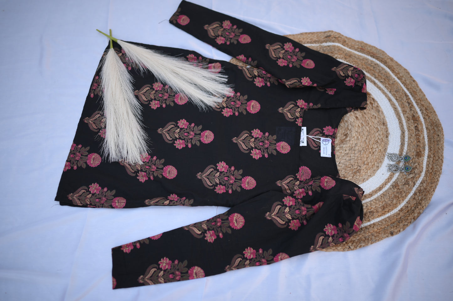 Rativah Black Floral Cold-Shoulder Short Kurti