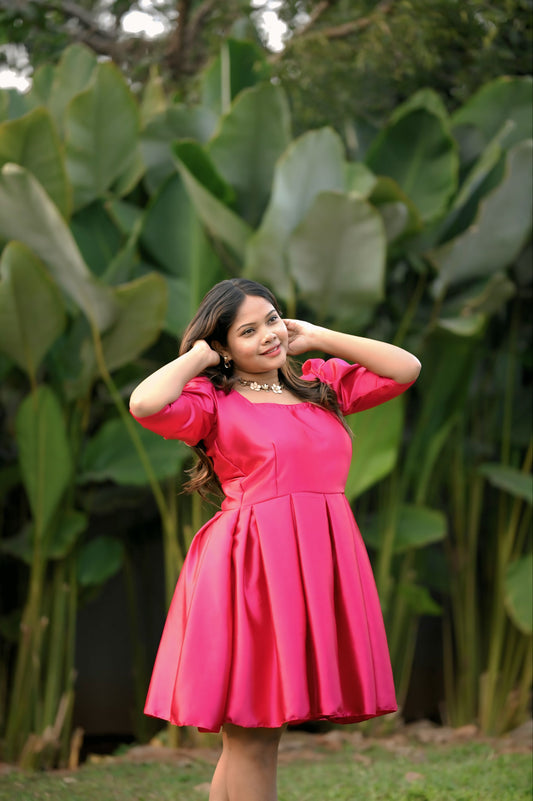 rose pink satin puff sleeve fit-flare
