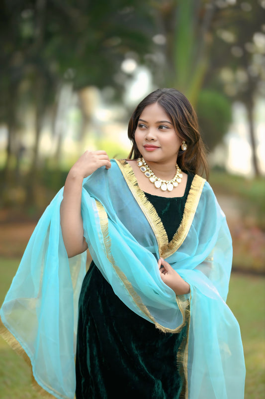 Deep Green Velvet Kurta Set with Aqua Blue Dupatta