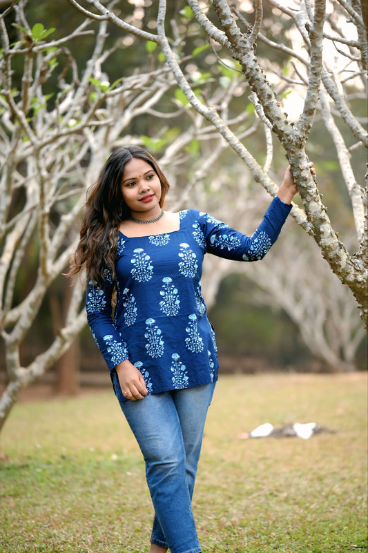 Navy Blue Floral Printed Straight Kurti Top