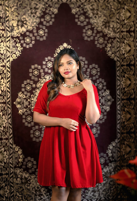 Red Velvet Flared Western Dress for Women