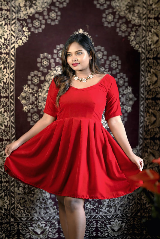 Red Velvet Flared Western Dress for Women