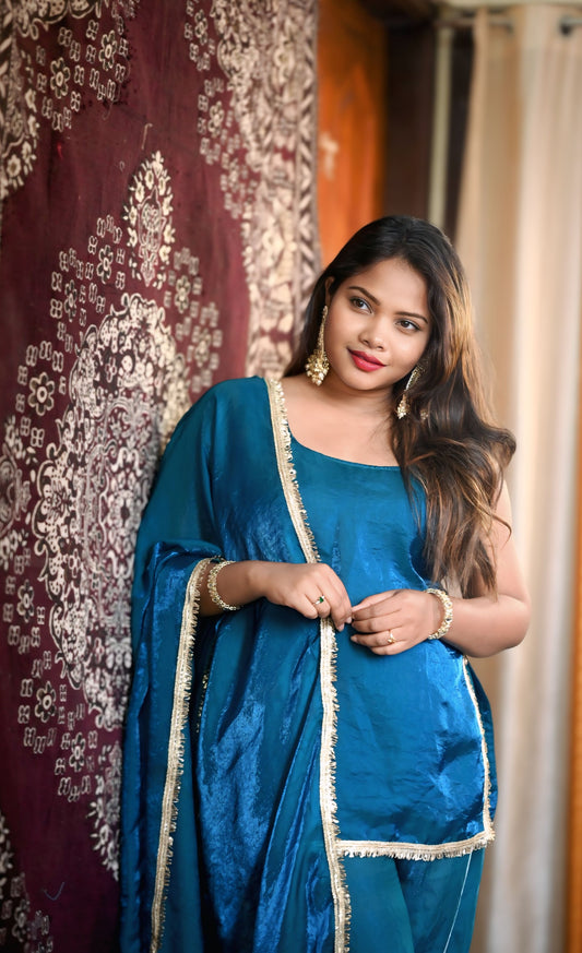 Teal Blue Fendi Silk Kurti Set with Dupatta