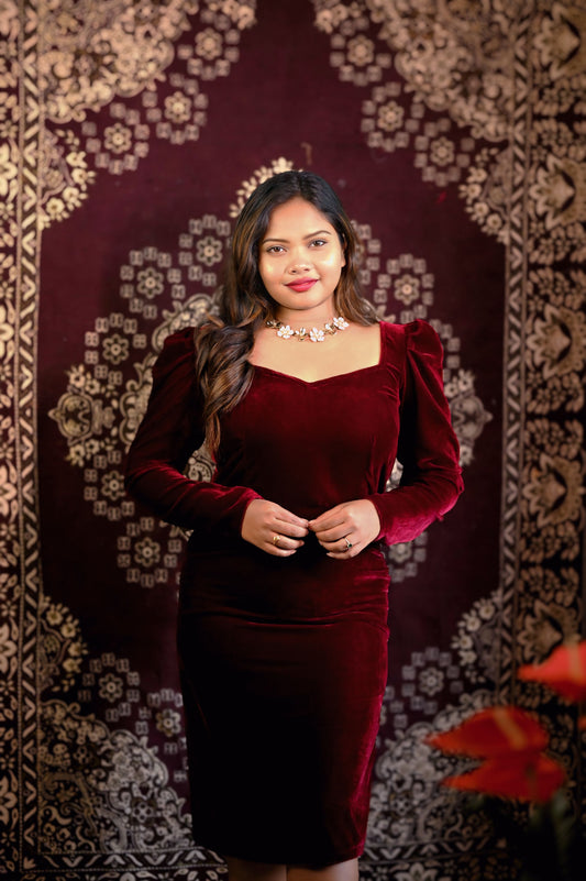 Wine Red Velvet Bodycon Dress for Women