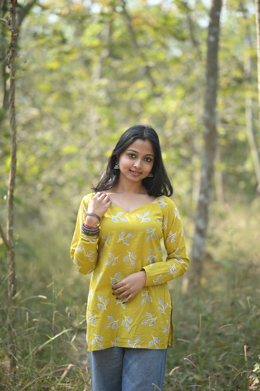 Rativah Mustard Yellow Leaf Printed Short Kurti