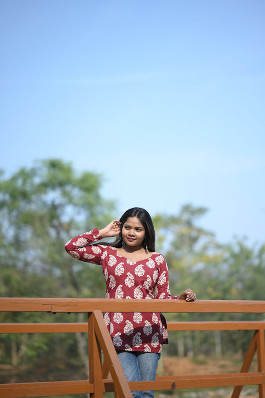 Rativah Maroon Floral Printed Short Kurti