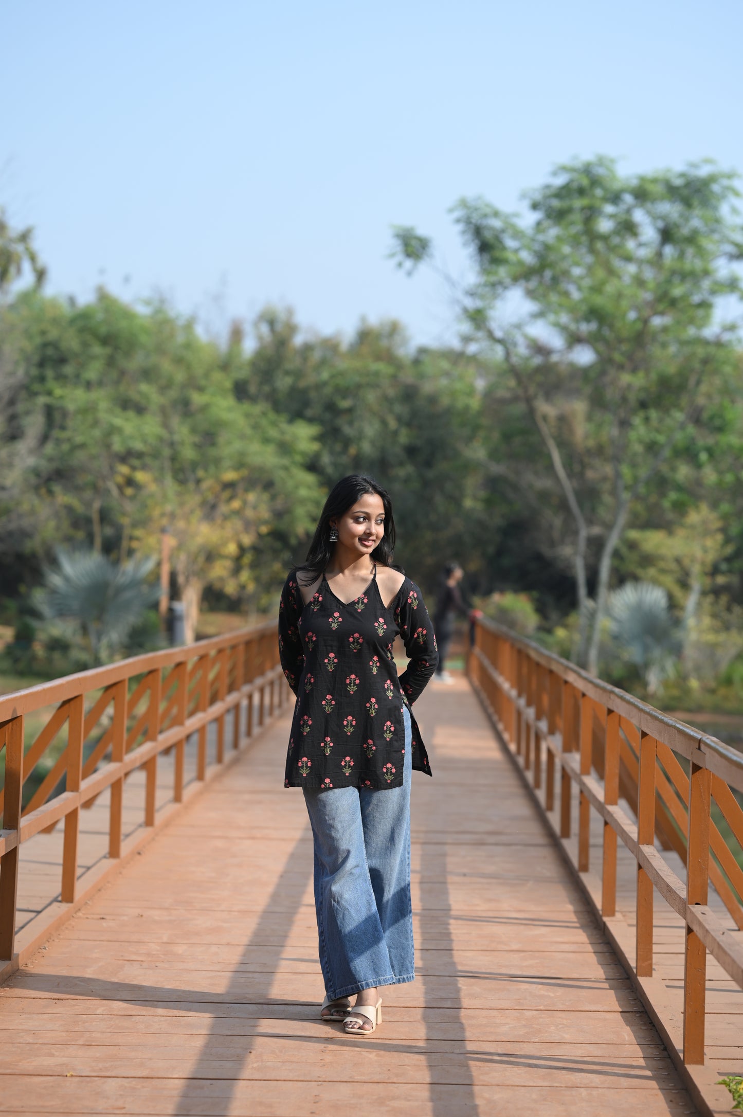 Rativah Black Floral Cold-Shoulder Short Kurti